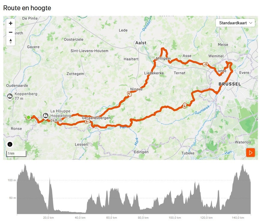 fietsroute-atomium-lebonheurdelouise Stravakaart naar het Atomium, een fietsroute van 148 km vanuit Louise-Marie