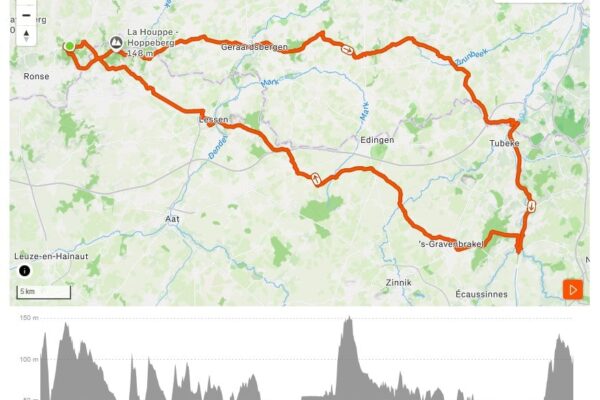Stravakaart van de fietsroute naar Ronquières, 127 km vanuit Louise-Marie