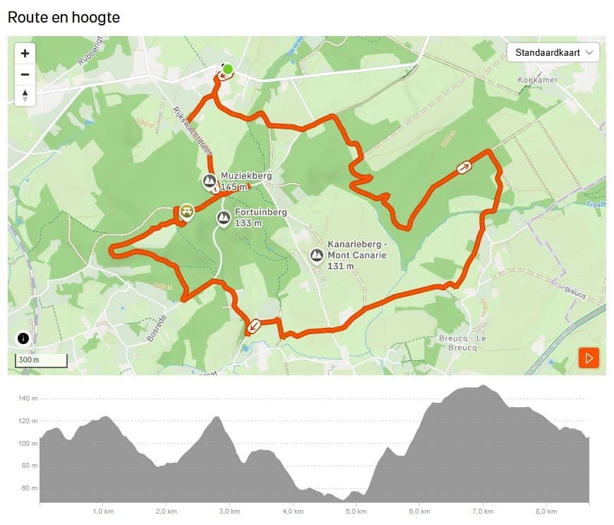Kaart en hoogteprofiel van de wandeling Muziekbos, Geuzentoren en Sint-Pietersbos vanaf Le bonheur de Louise
